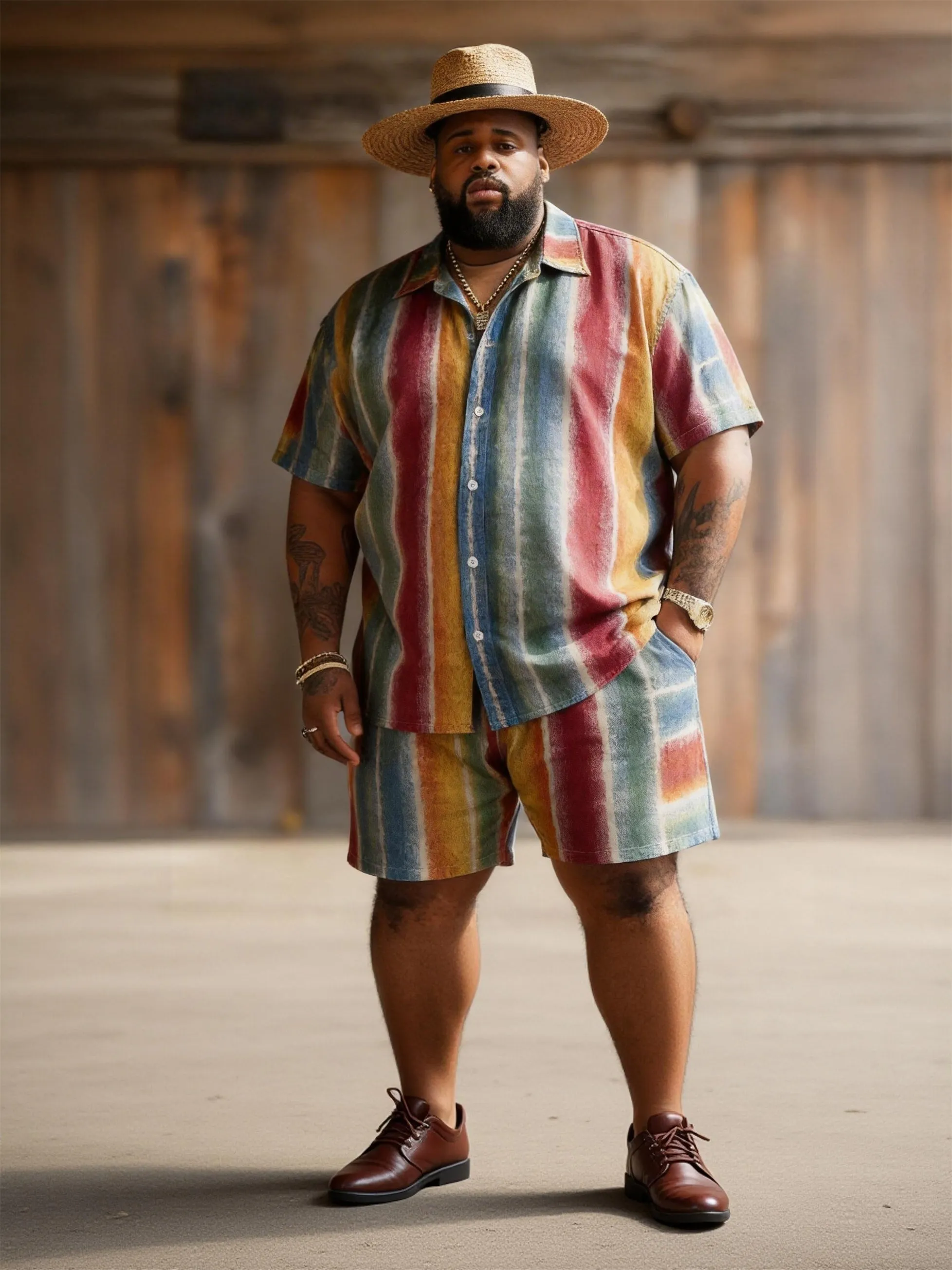 Big & Tall Men's Colorful Vertical Stripe Printed Short Sleeve Shirt Shorts Set sold by Biggmans product image thumbnail 3