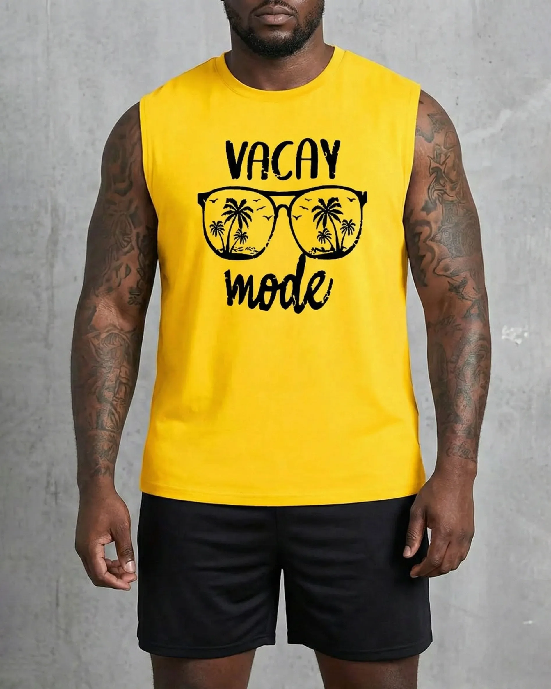 Hawaii Holiday Casual Yellow & Black Simple Printed Vest Shorts Set Large Size Men sold by Biggmans