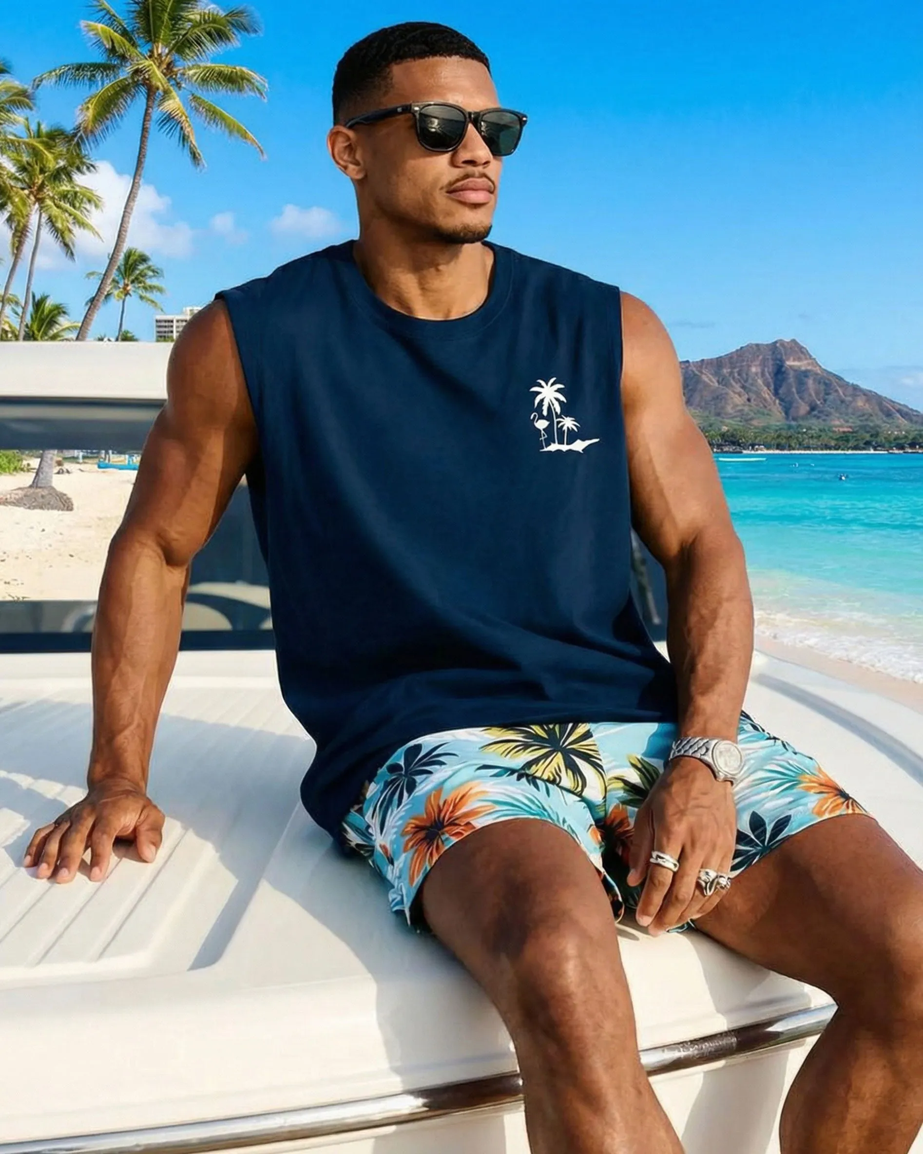 Hawaiian Coconut Palm Print Top, Silhouette Navy Blue Resort Vest And Shorts Set, Plus Size Men’s sold by Biggmans product image thumbnail 2