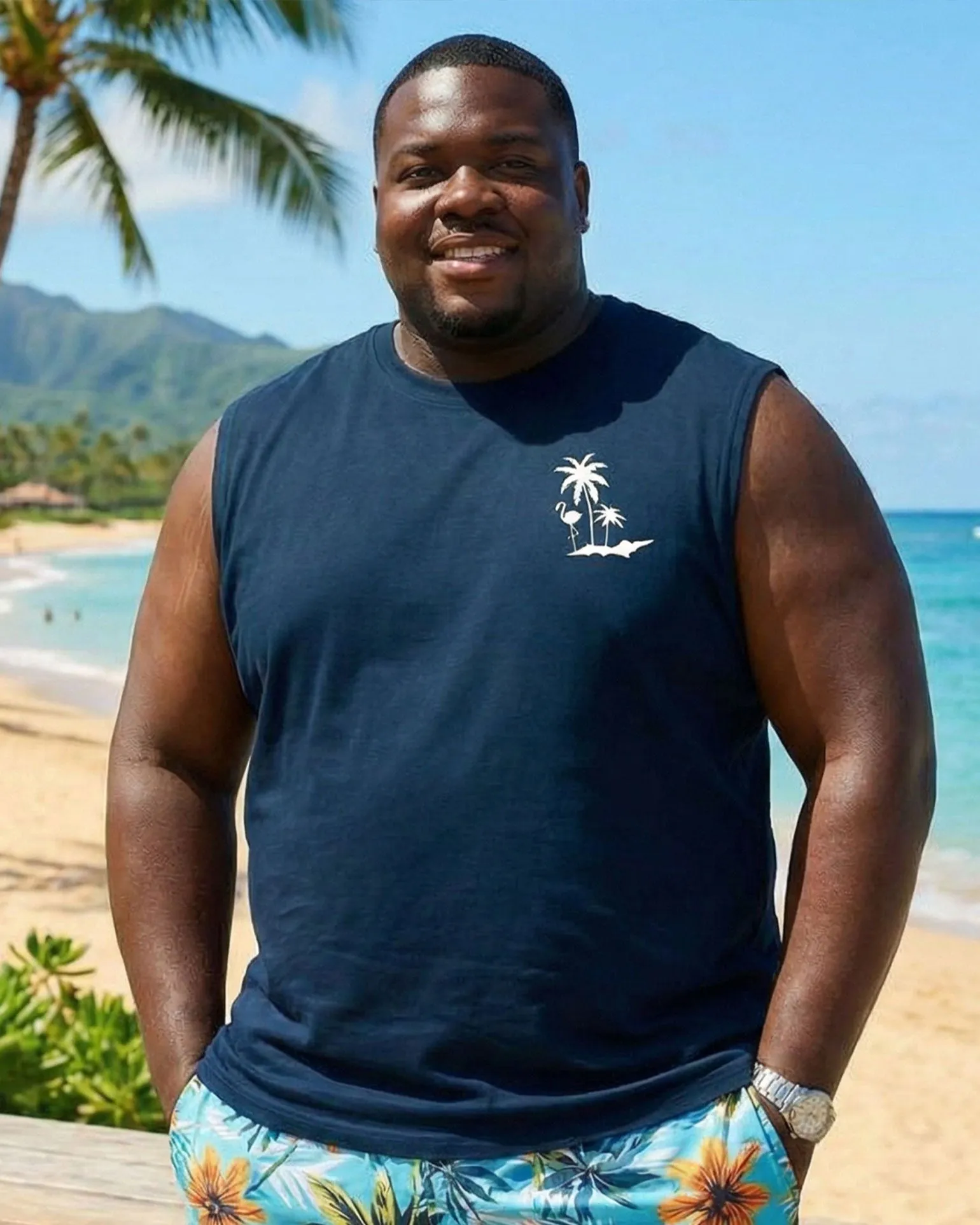 Hawaiian Coconut Palm Print Top, Silhouette Navy Blue Resort Vest And Shorts Set, Plus Size Men’s sold by Biggmans product image thumbnail 3