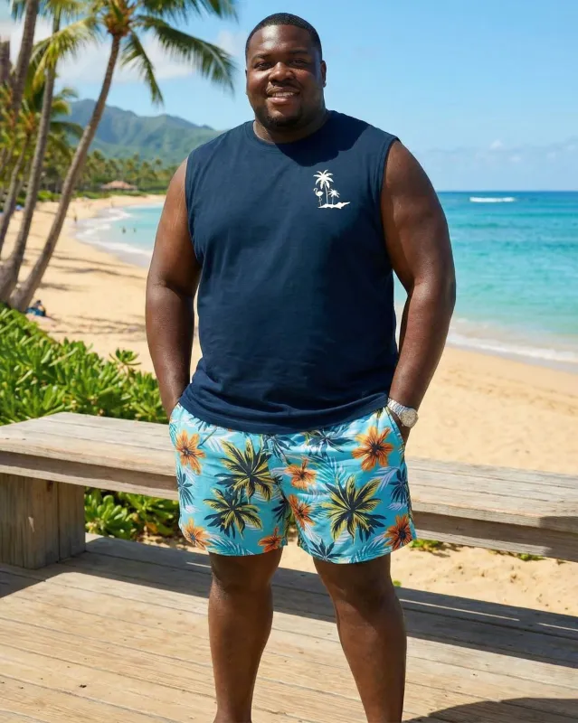 Hawaiian Coconut Palm Print Top, Silhouette Navy Blue Resort Vest And Shorts Set, Plus Size Men’s made by Biggmans
