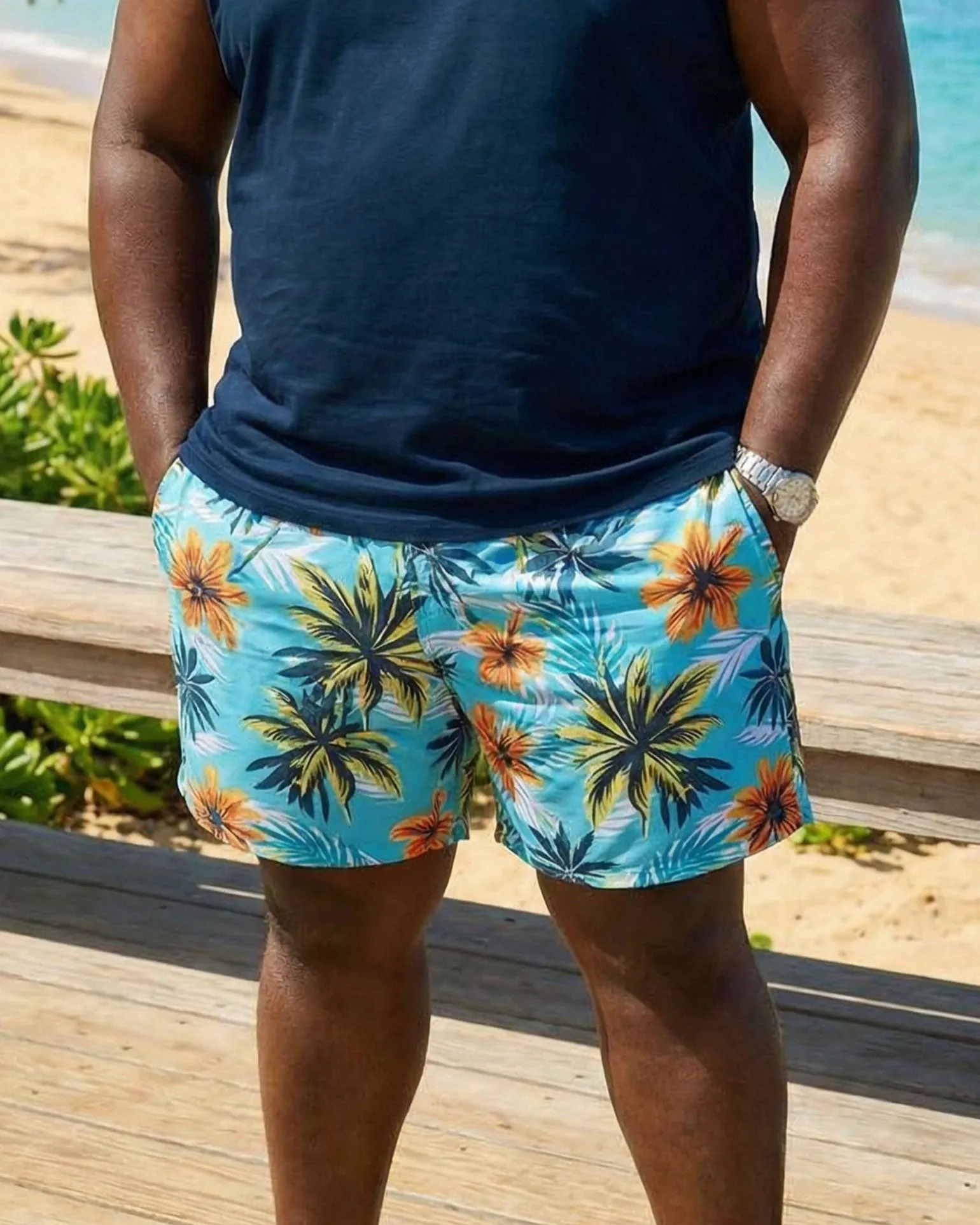 Hawaiian Coconut Palm Print Top, Silhouette Navy Blue Resort Vest And Shorts Set, Plus Size Men’s sold by Biggmans product image thumbnail 4
