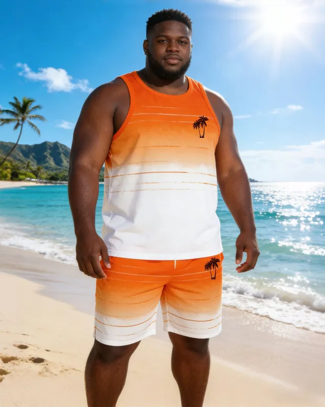 Hawaii Orange & White Gradient Collective Line Chest Coconut Tree Silhouette Print Vacation Party Carnival Vest Shorts Set Large Size Men made by Biggmans