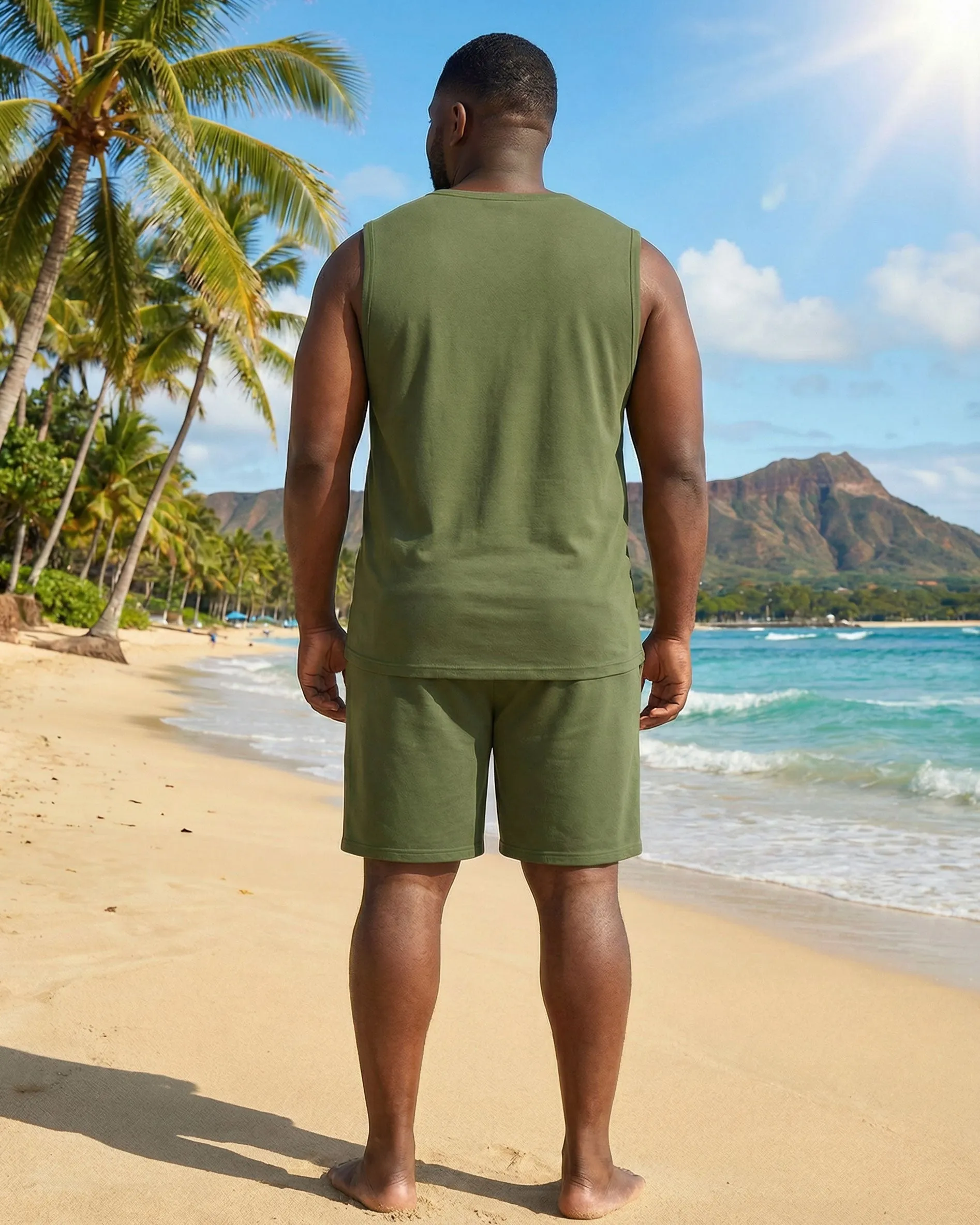 Hawaii Holiday Daily Small Coconut Tree Silhouette Print Army Green Vest Shorts Set Large Size Men sold by Biggmans product image thumbnail 4