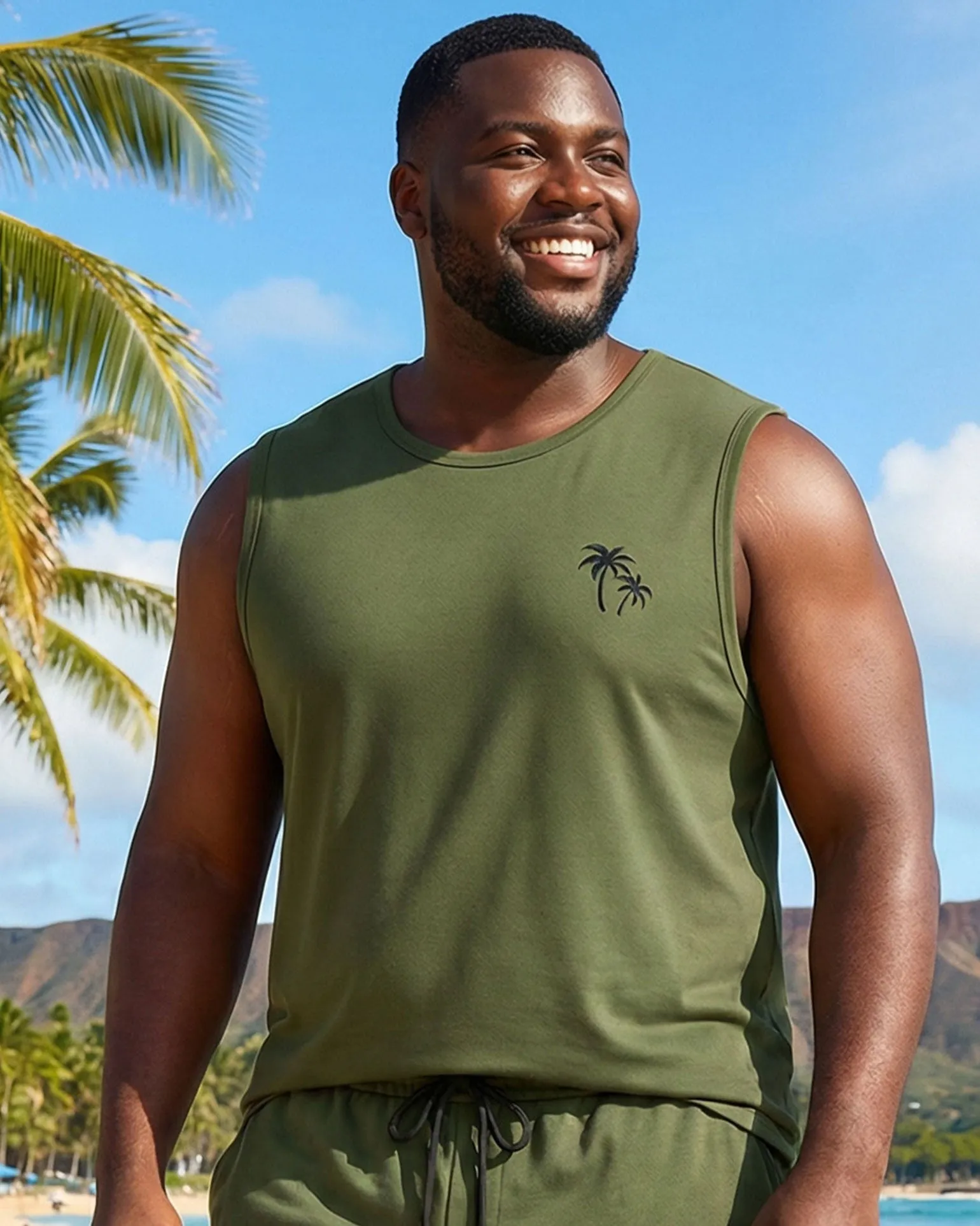 Hawaii Holiday Daily Small Coconut Tree Silhouette Print Army Green Vest Shorts Set Large Size Men sold by Biggmans product image thumbnail 2