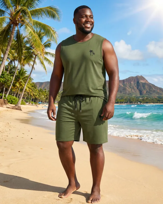 Hawaii Holiday Daily Small Coconut Tree Silhouette Print Army Green Vest Shorts Set Large Size Men made by Biggmans