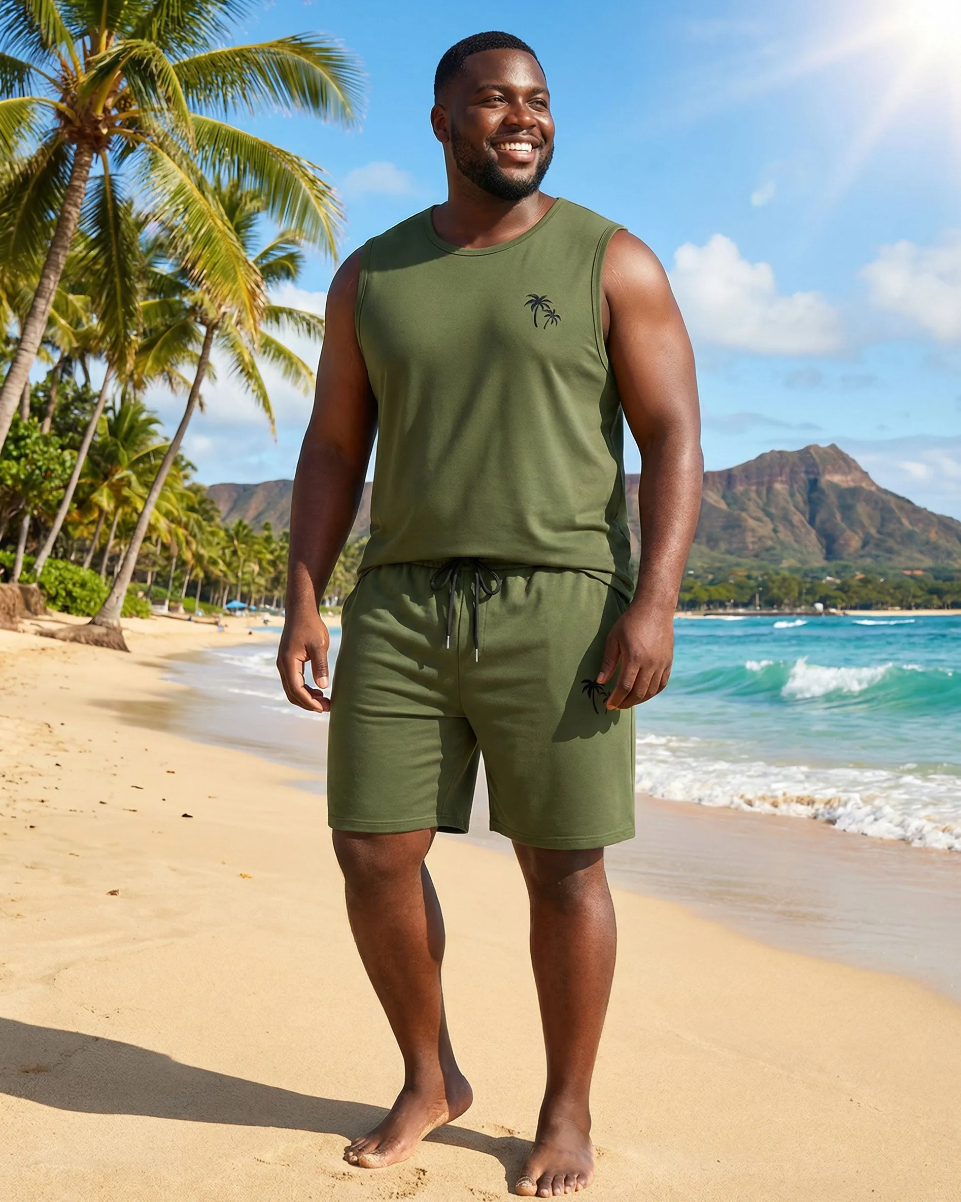 Hawaii Holiday Daily Small Coconut Tree Silhouette Print Army Green Vest Shorts Set Large Size Men sold by Biggmans