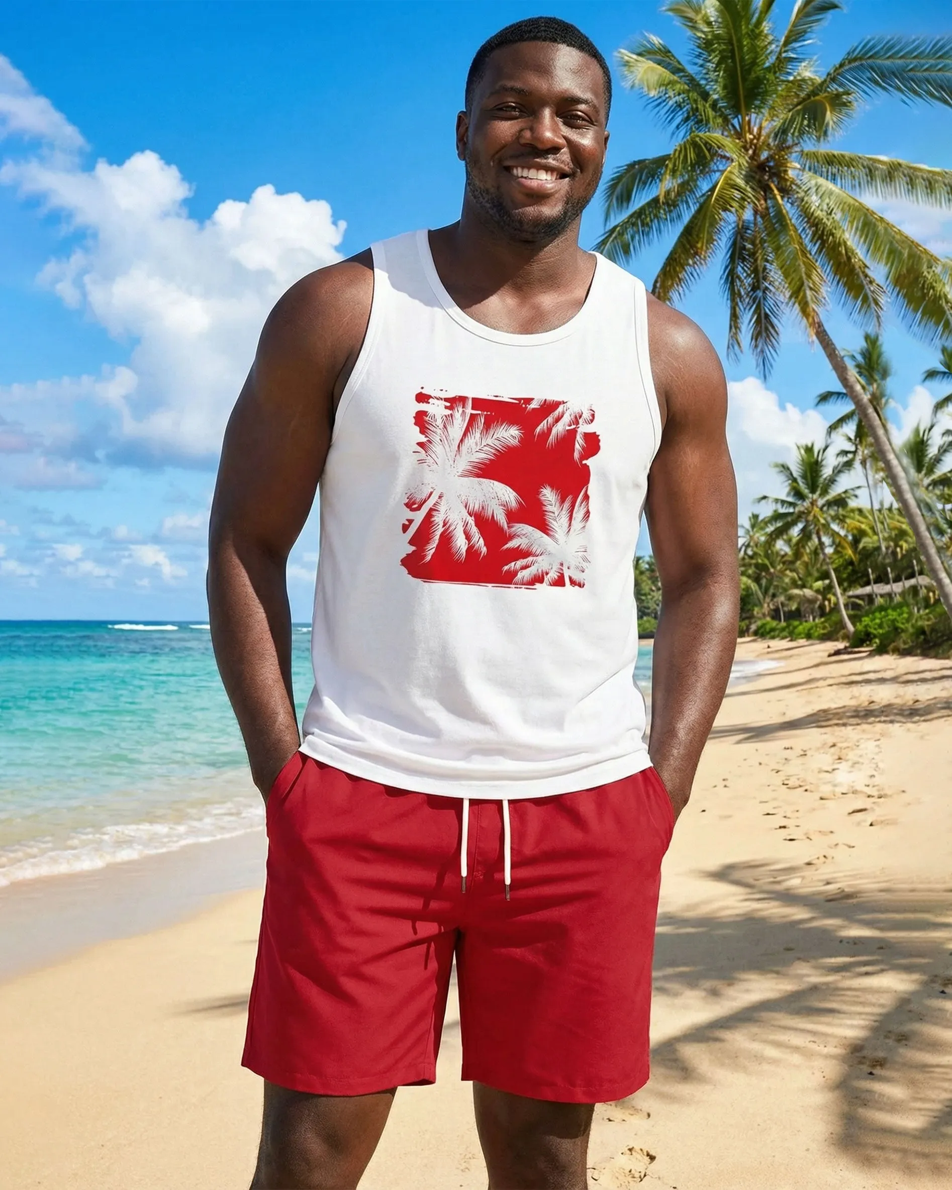 Hawaii Simple Party Party Carnival Red & White Silhouette Front Printed Tank Top Shorts Set Large Size Men sold by Biggmans