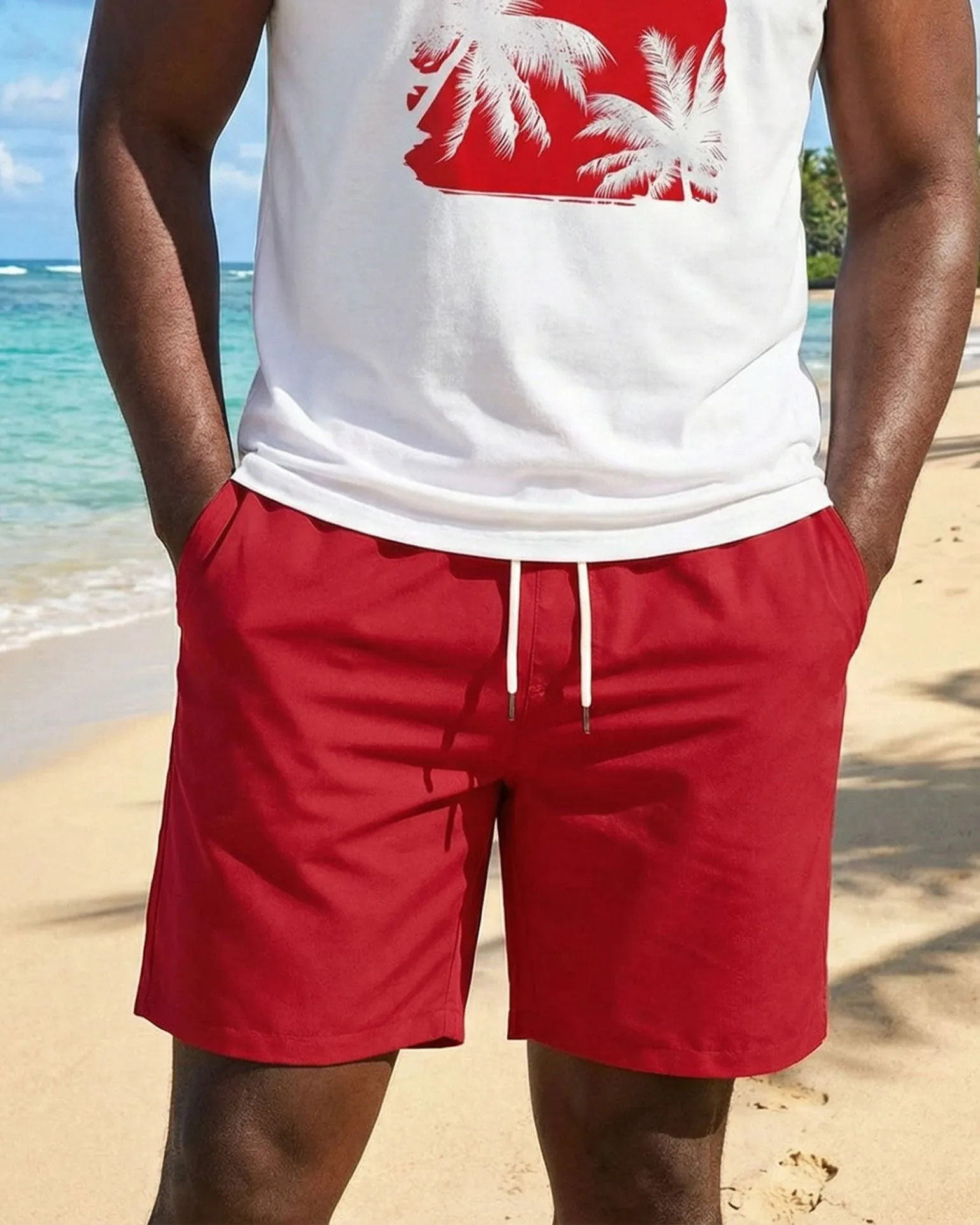 Hawaii Simple Party Party Carnival Red & White Silhouette Front Printed Tank Top Shorts Set Large Size Men sold by Biggmans product image thumbnail 3