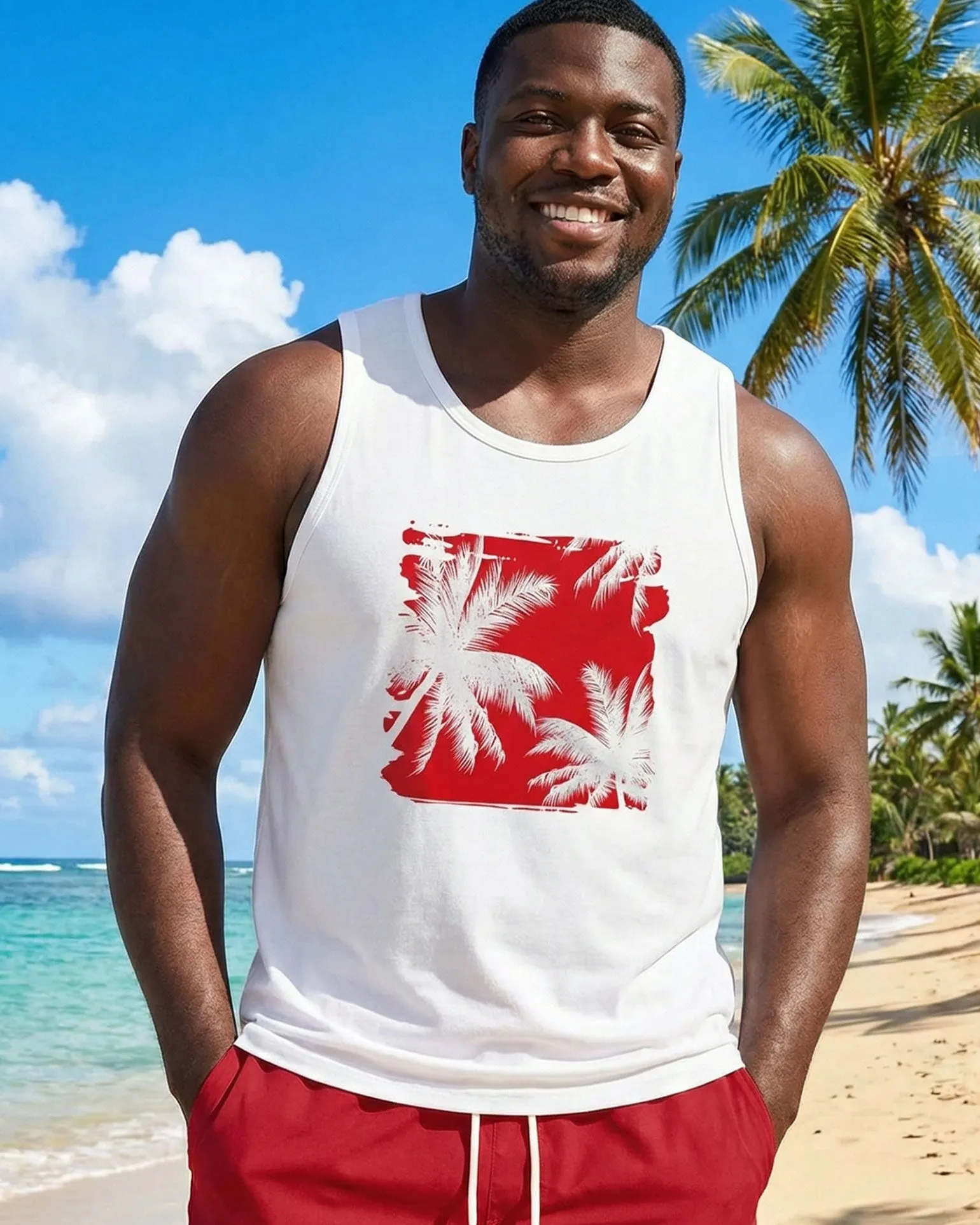 Hawaii Simple Party Party Carnival Red & White Silhouette Front Printed Tank Top Shorts Set Large Size Men sold by Biggmans product image thumbnail 2