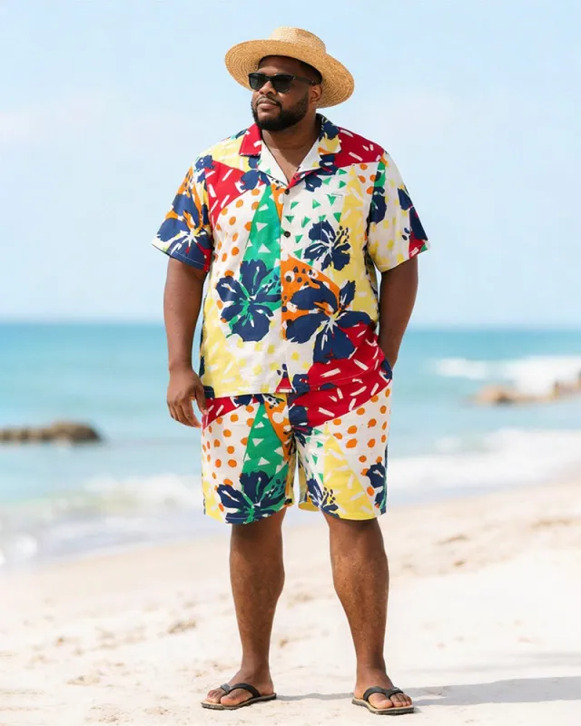 Big & Tall Men's Colorful Polo Hibiscus Flower Printed Short Sleeve Shirt Shorts Set made by Biggmans