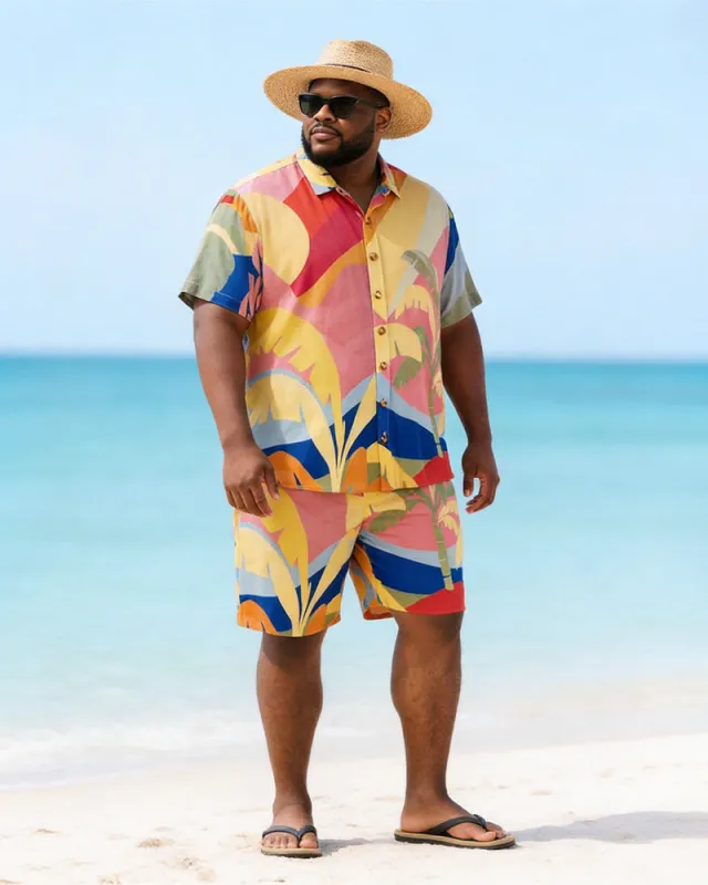 Big & Tall Men's Color Contrast Geometric Palm Leaf Print Short Sleeve Shirt Shorts Set made by Biggmans