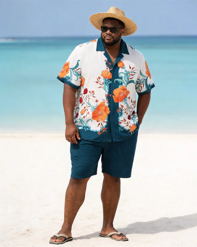 Big & Tall Men's Orange Blossom Print Short Sleeve Shirt Shorts Set made by Biggmans