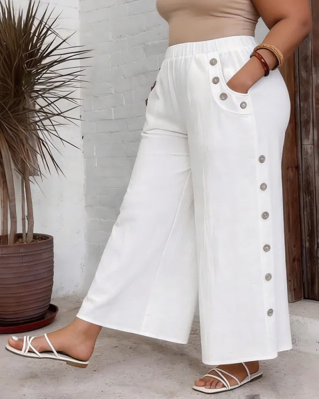 Women's XL-5XL Plus Size Loose Solid Color Pocket Wide Leg Pants made by Biggmans