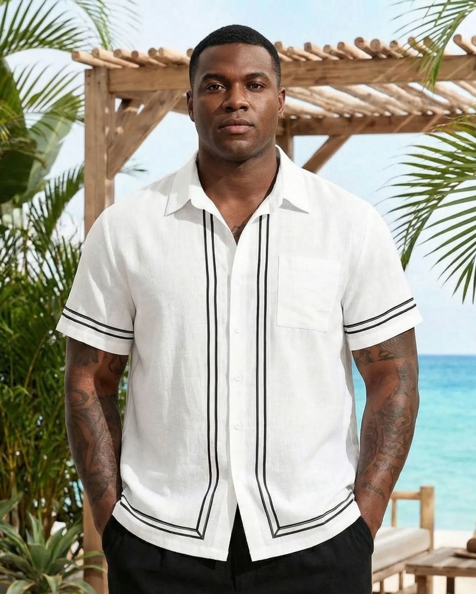 Big & Tall Men's White & Black Simple Line Chest Patch Pocket Short Sleeve Shirt Shorts Set sold by Biggmans product image thumbnail 3