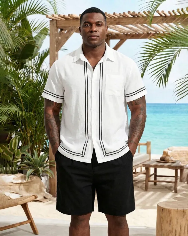 Big & Tall Men's White & Black Simple Line Chest Patch Pocket Short Sleeve Shirt Shorts Set made by Biggmans