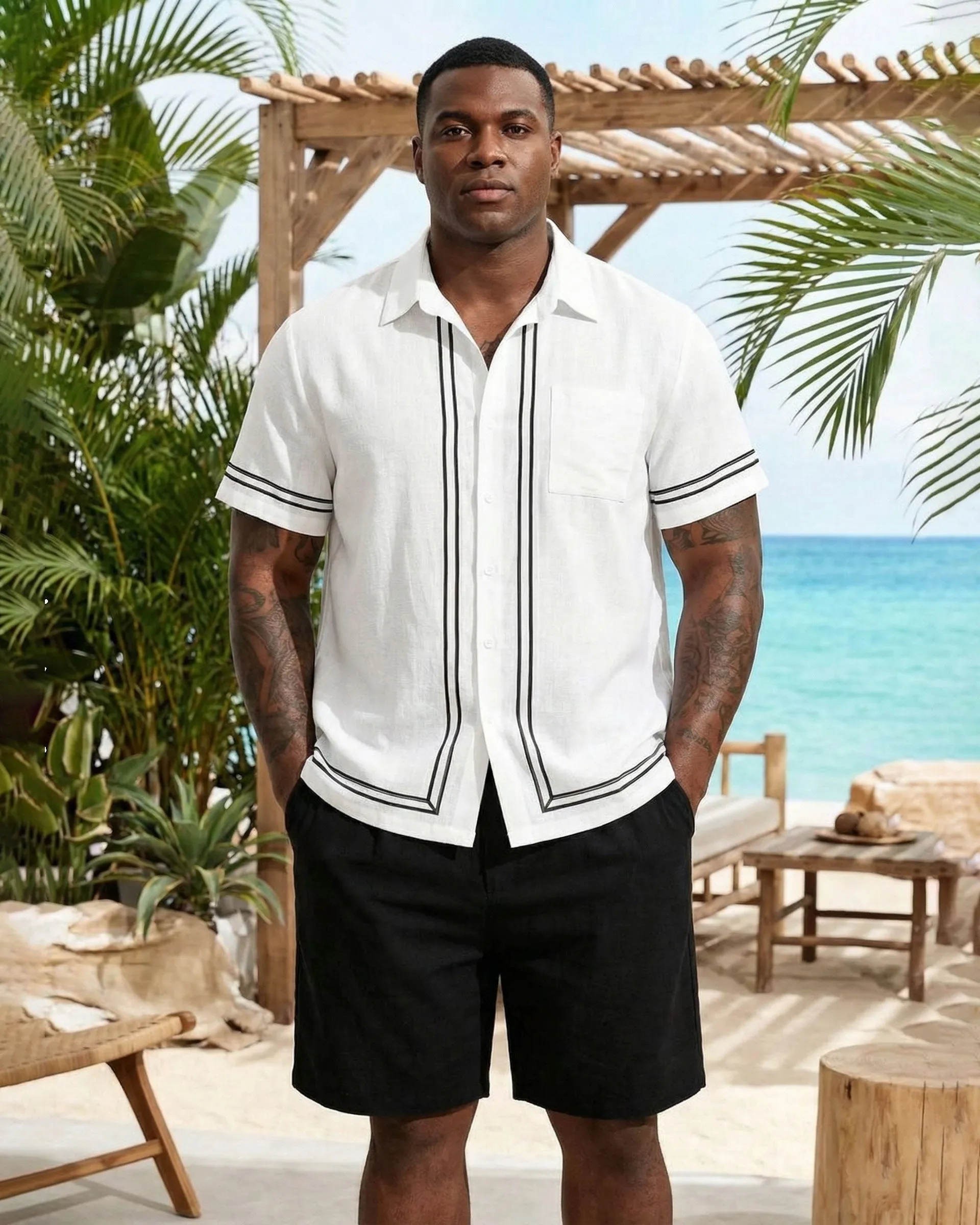 Big & Tall Men's White & Black Simple Line Chest Patch Pocket Short Sleeve Shirt Shorts Set sold by Biggmans