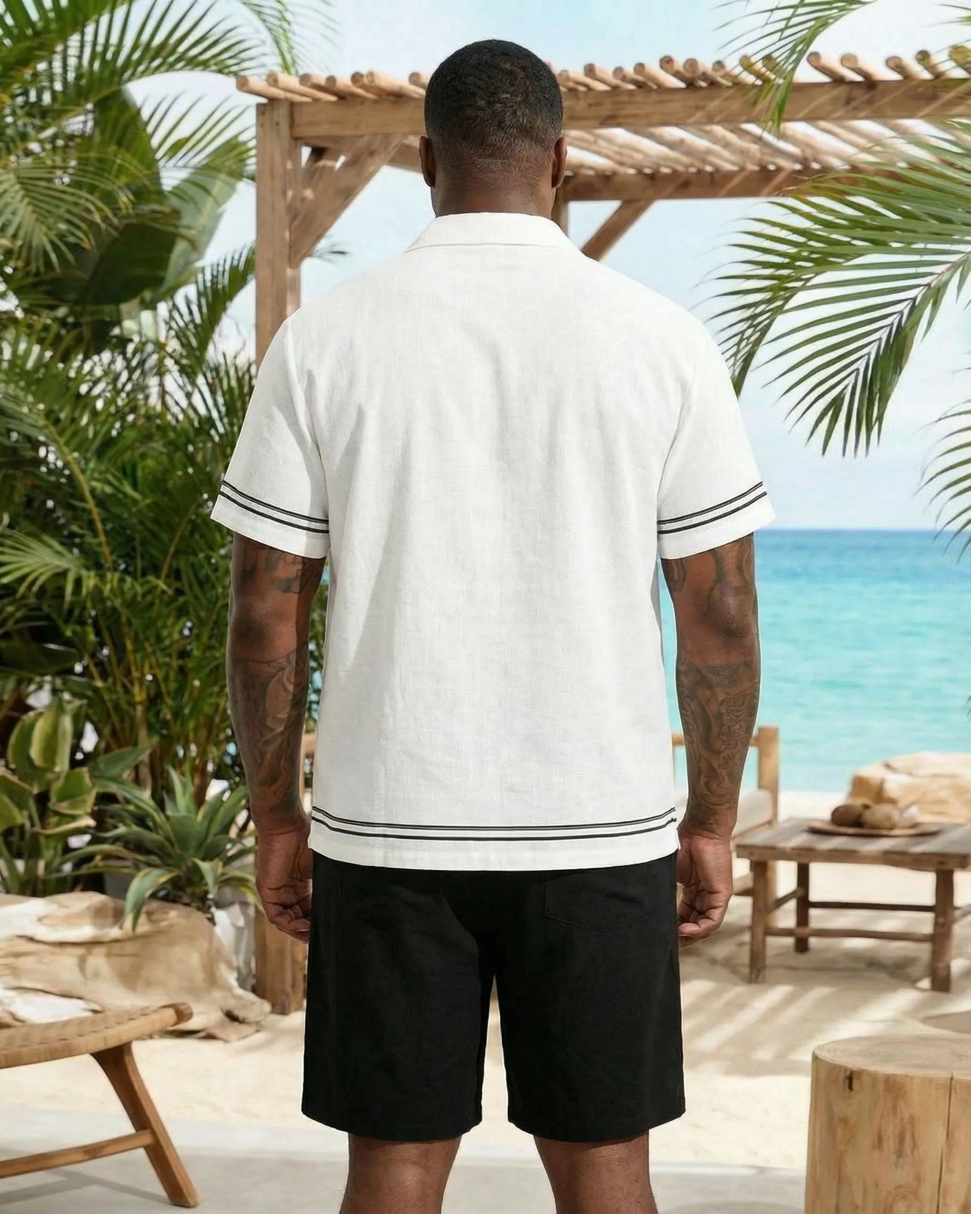 Big & Tall Men's White & Black Simple Line Chest Patch Pocket Short Sleeve Shirt Shorts Set sold by Biggmans product image thumbnail 2