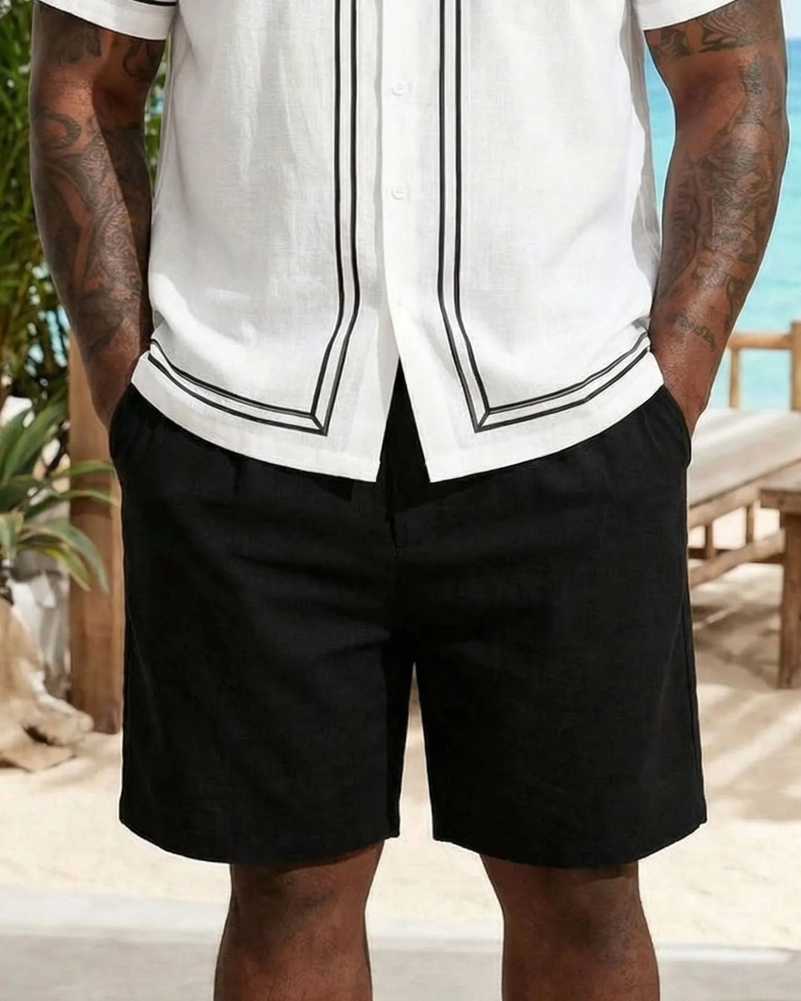 Big & Tall Men's White & Black Simple Line Chest Patch Pocket Short Sleeve Shirt Shorts Set sold by Biggmans product image thumbnail 4