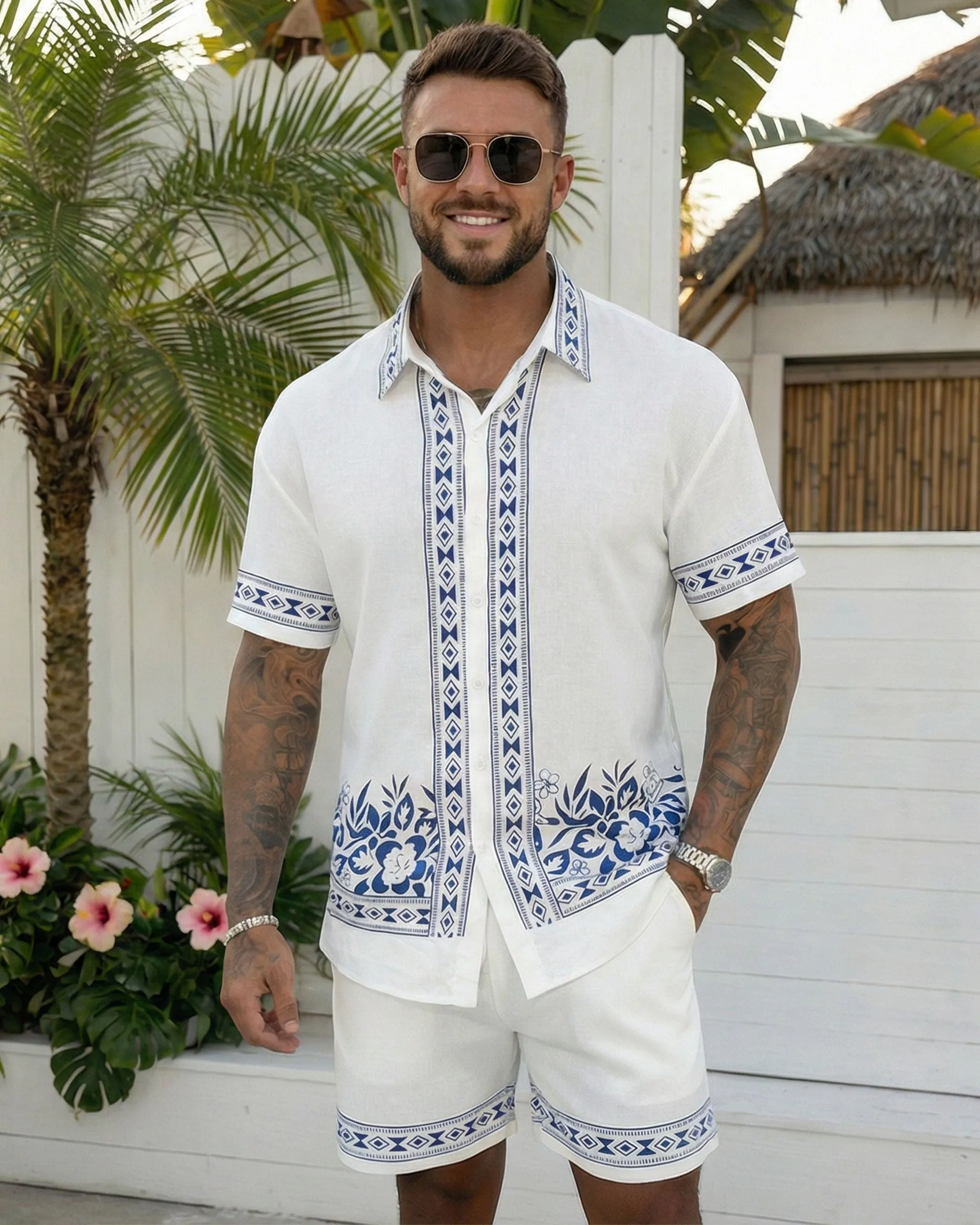 Big & Tall Men's Hawaiian Holiday Casual Party Gift Giving, Symmetrical Geometric Floral White Short Sleeve Shirt Shorts Set sold by Biggmans