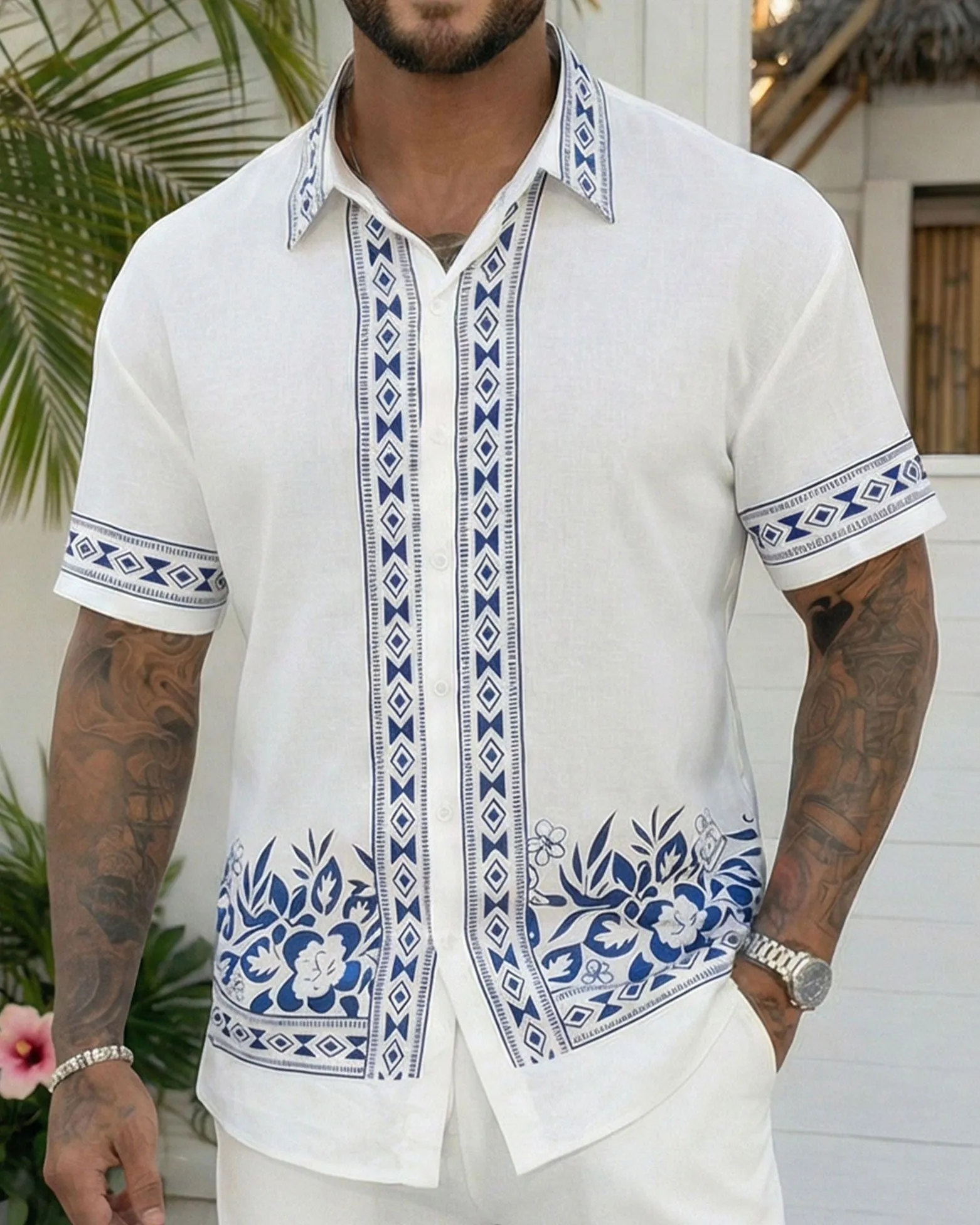 Big & Tall Men's Hawaiian Holiday Casual Party Gift Giving, Symmetrical Geometric Floral White Short Sleeve Shirt Shorts Set sold by Biggmans product image thumbnail 2