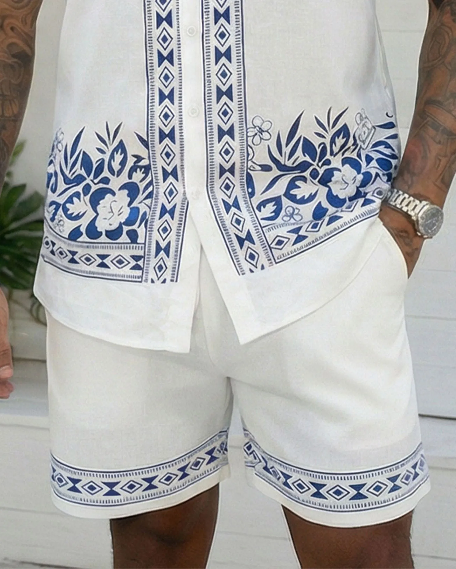 Big & Tall Men's Hawaiian Holiday Casual Party Gift Giving, Symmetrical Geometric Floral White Short Sleeve Shirt Shorts Set sold by Biggmans product image thumbnail 3