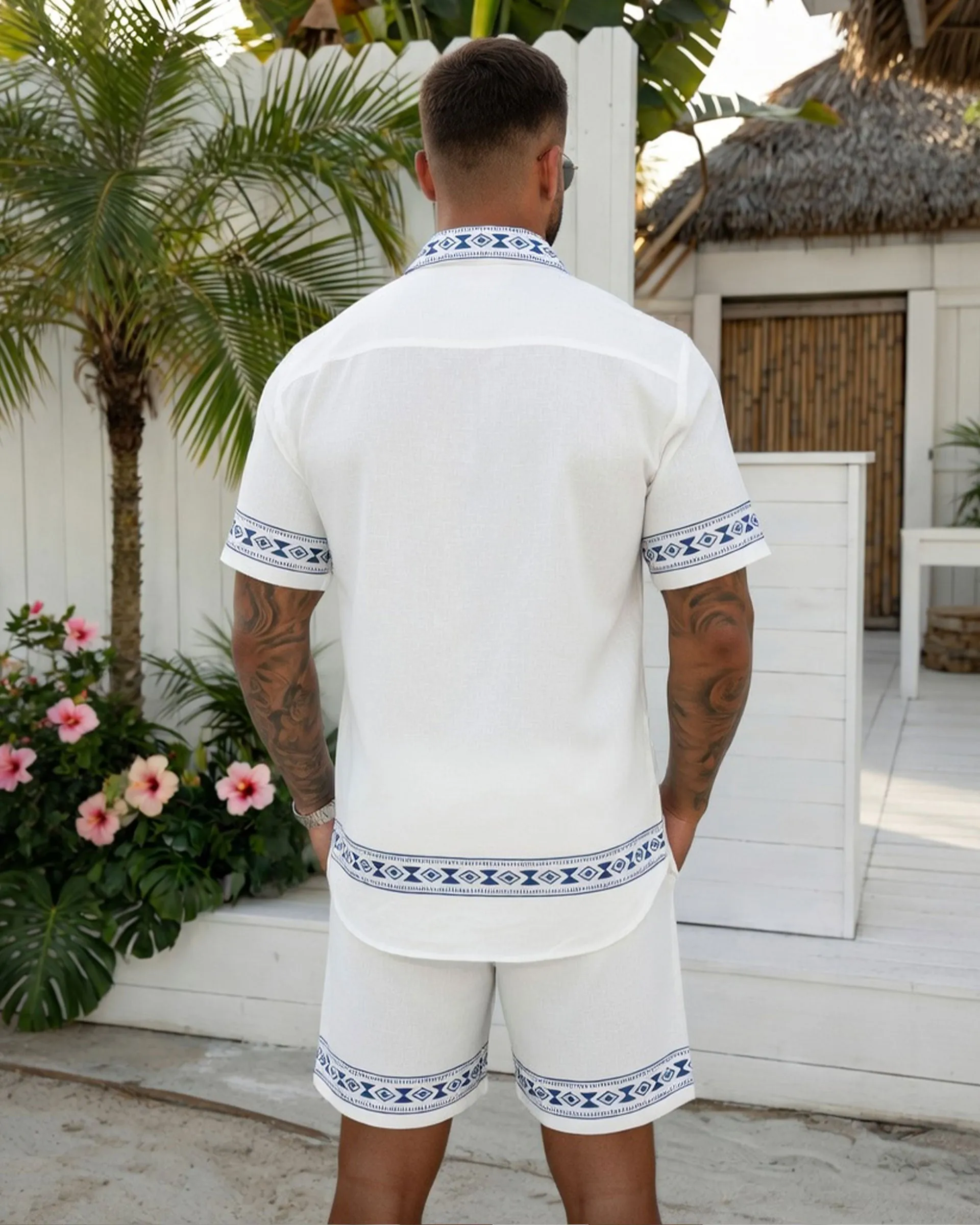Big & Tall Men's Hawaiian Holiday Casual Party Gift Giving, Symmetrical Geometric Floral White Short Sleeve Shirt Shorts Set sold by Biggmans product image thumbnail 4