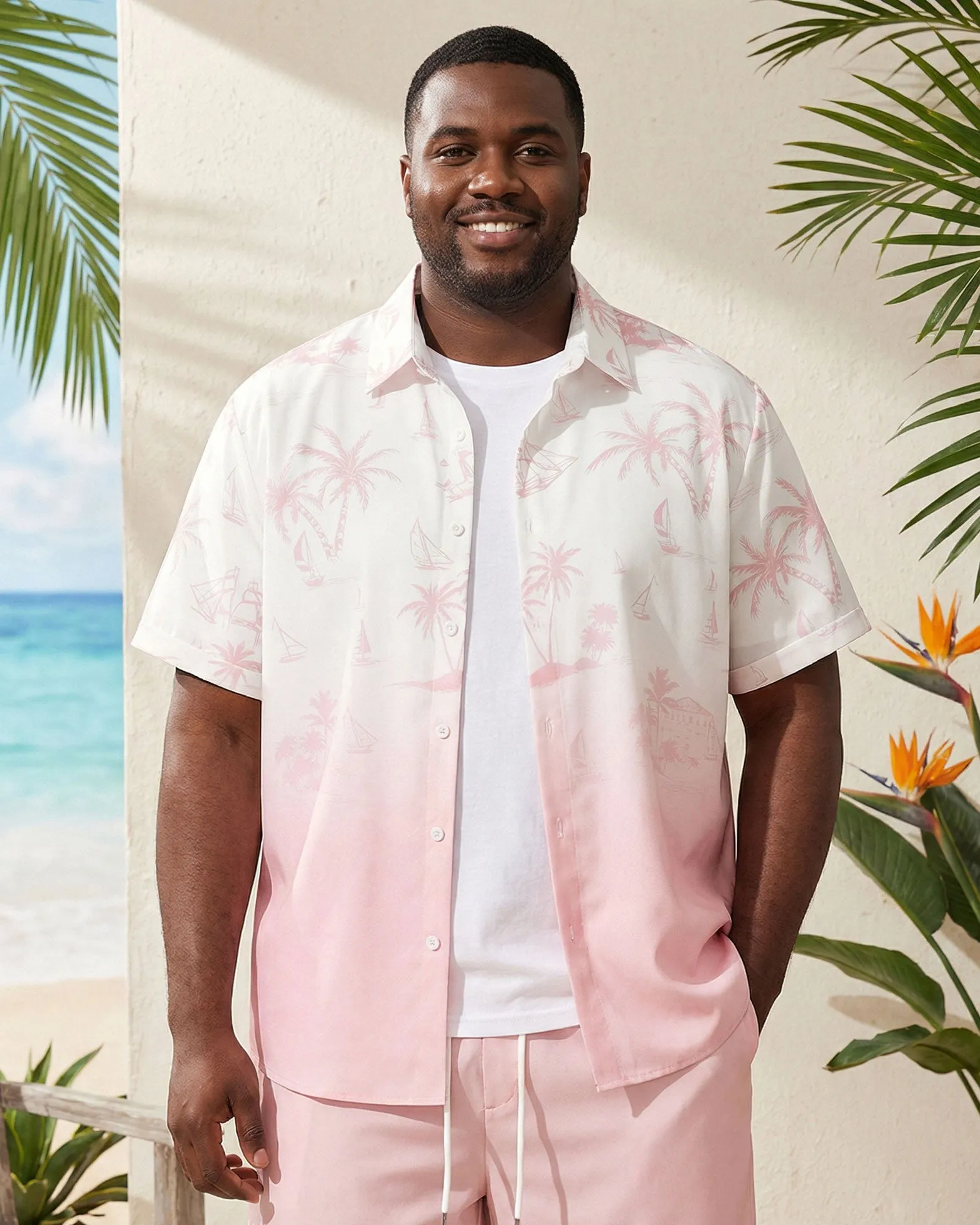 Big & Tall Men's Pink Gradient Coconut Print Button Short Sleeve Shirt Shorts Set sold by Biggmans product image thumbnail 3