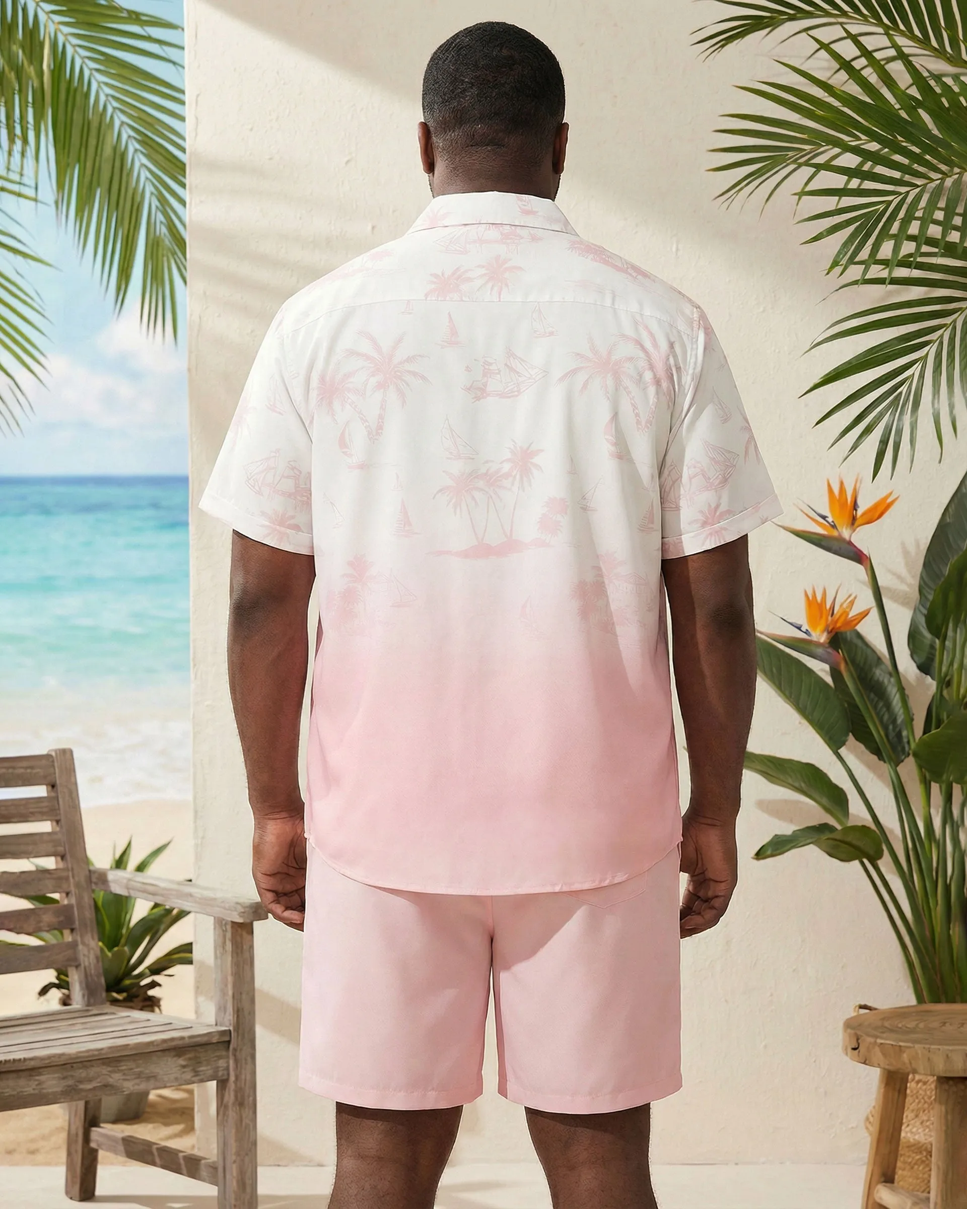 Big & Tall Men's Pink Gradient Coconut Print Button Short Sleeve Shirt Shorts Set sold by Biggmans product image thumbnail 2
