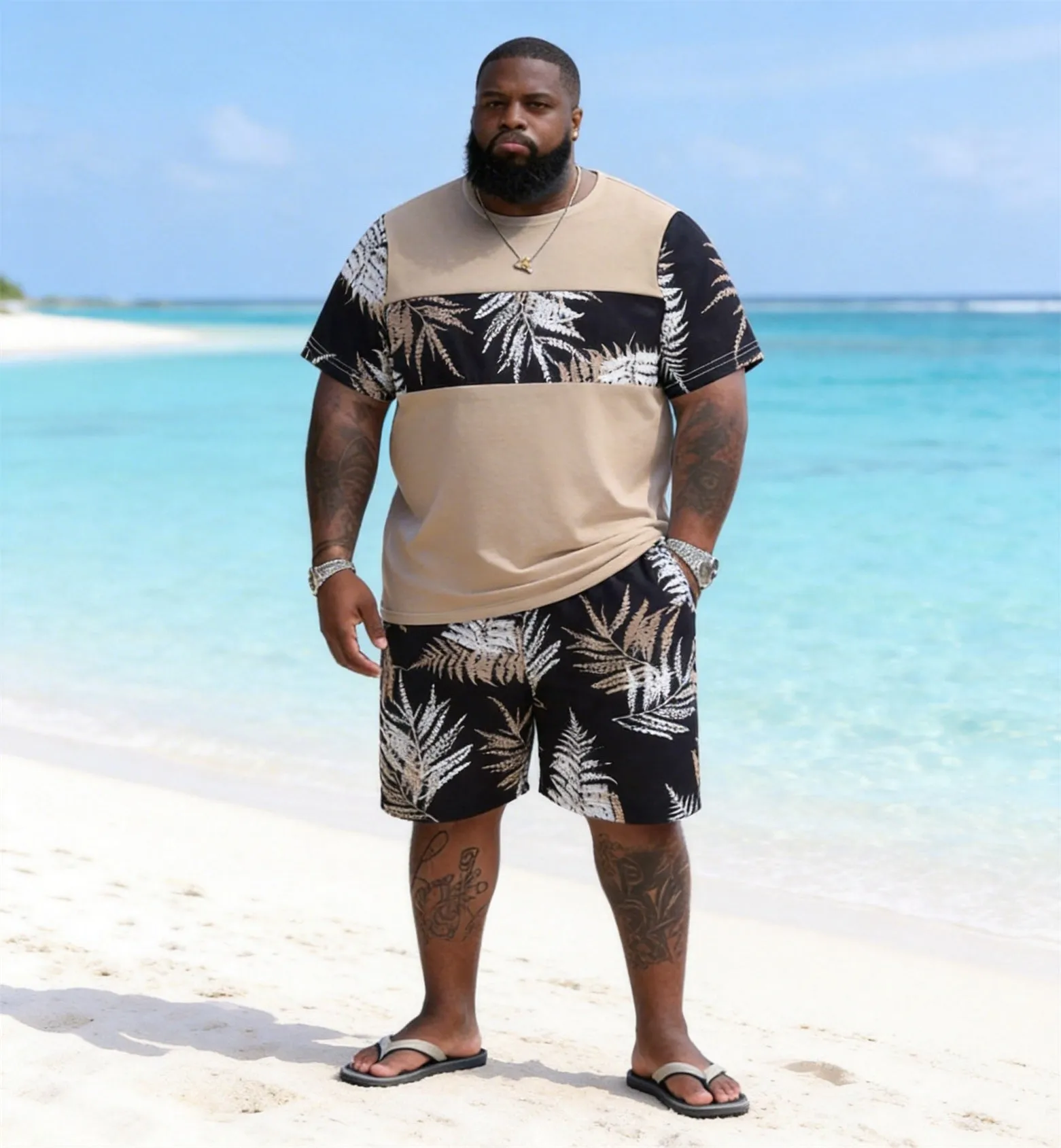 Big & Tall Men's Colorblock Fern Print Round Neck Short Sleeve T-Shirt Shorts Set sold by Biggmans product image thumbnail 3