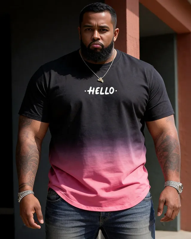Big & Tall Men's Black And Pink Ombre HELLO Letter Print Crewneck Short-Sleeve T-Shirt made by Biggmans
