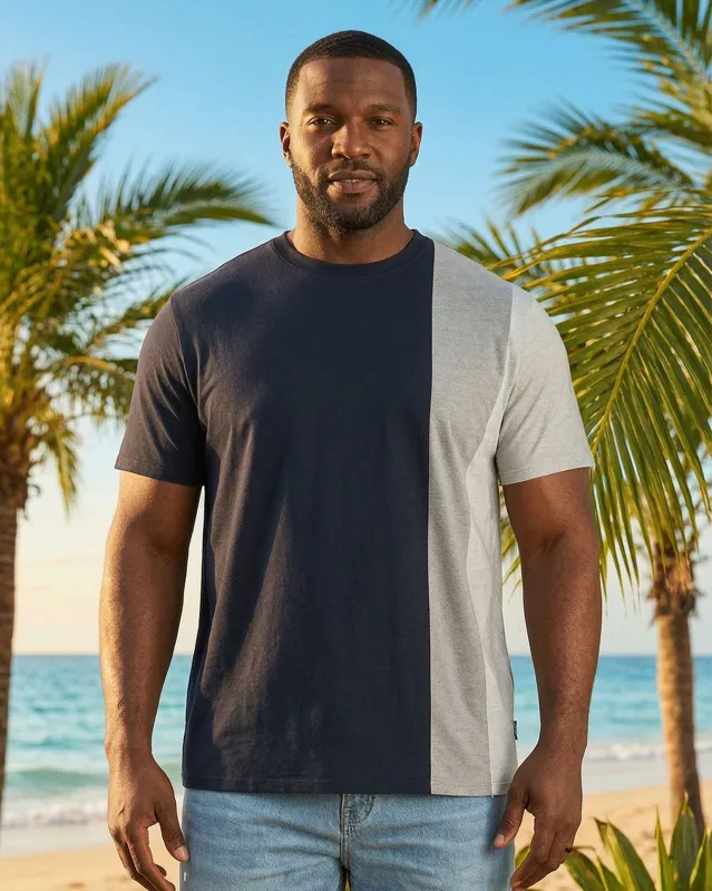 Big & Tall Men's Simple Casual Dark Blue & Grey & White Contrast Short Sleeve T-Shirt made by Biggmans