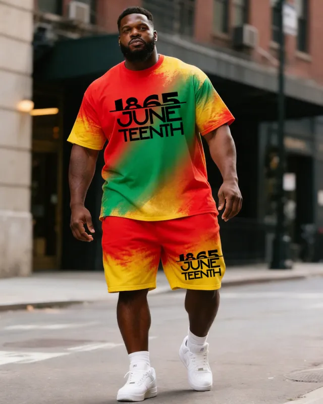 Big & Tall Men's1865 Juneteenth Red, Yellow And Green Gradient Printing Round Neck Short Sleeve T-shirt Shorts Set made by Biggmans