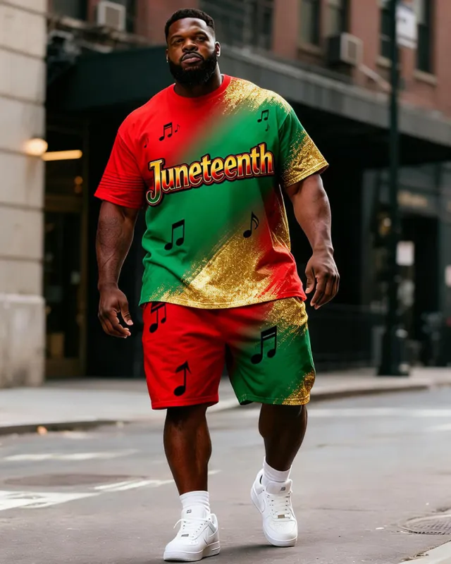 Big & Tall Men's Juneteenth Note Gold Powder Gradient Printing Round Neck Short Sleeve T-shirt Shorts Set made by Biggmans