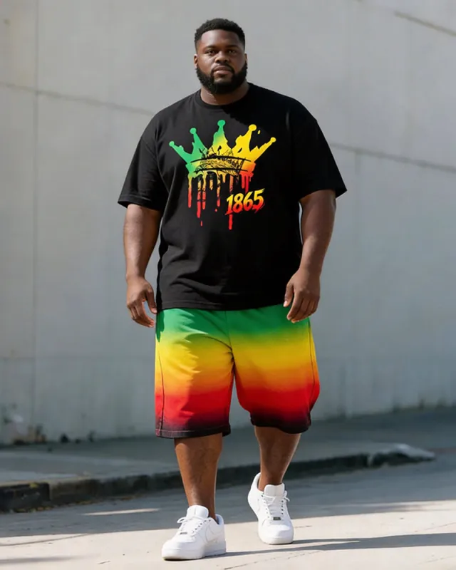 Big & Tall Men's 1865 Crown Graffiti Red Yellow Green Printed Round Neck Short Sleeve T-Shirt Shorts Set made by Biggmans