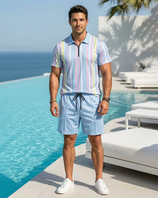 Men's Colorblock Striped Print Short Sleeve Shirt & Shorts Two-Piece Set made by Biggmans