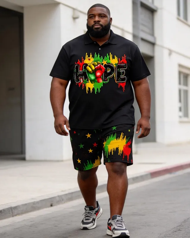 Big & Tall Men's HOPE Fist Print Splash Ink Print POLO Short Sleeve Shorts Set made by Biggmans