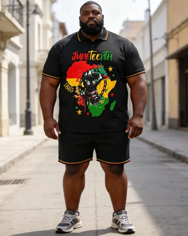 Big & Tall Men's Juneteenth Africa Map Break Free Chain Print POLO Short Sleeve Shorts Set made by Biggmans