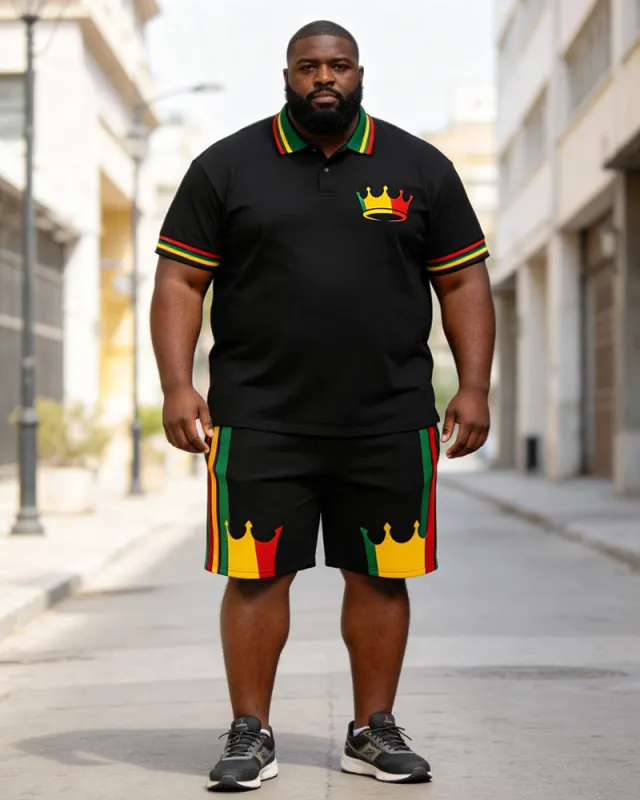 Big & Tall Men's Crown Print Red Yellow Green Contrast Print POLO Short Sleeve Shorts Set made by Biggmans