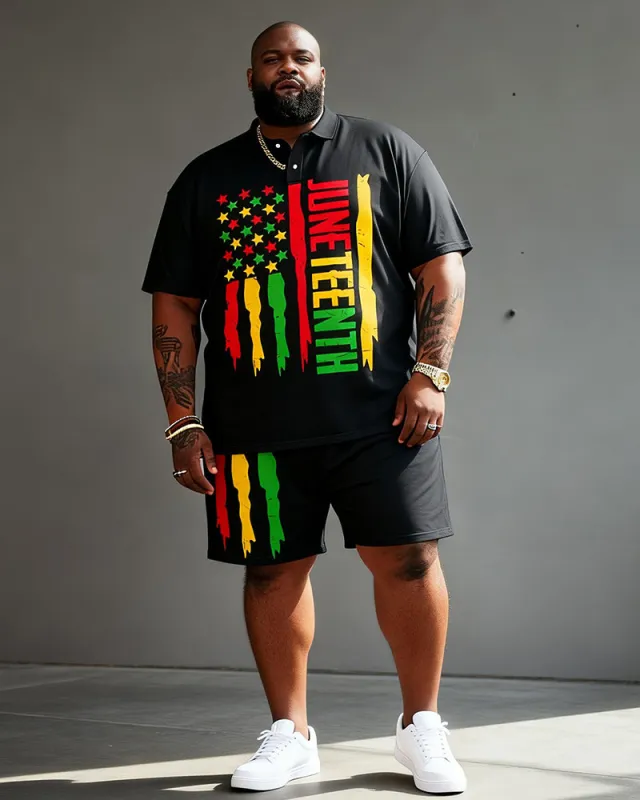 Big & Tall Men's Juneteenth American Flag Print POLO Short Sleeve Shorts Set made by Biggmans