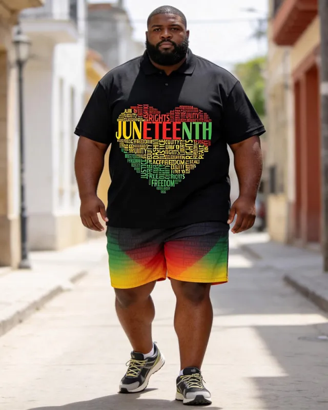 Big & Tall Men's Juneteenth Love Print POLO Short Sleeve Shorts Set made by Biggmans