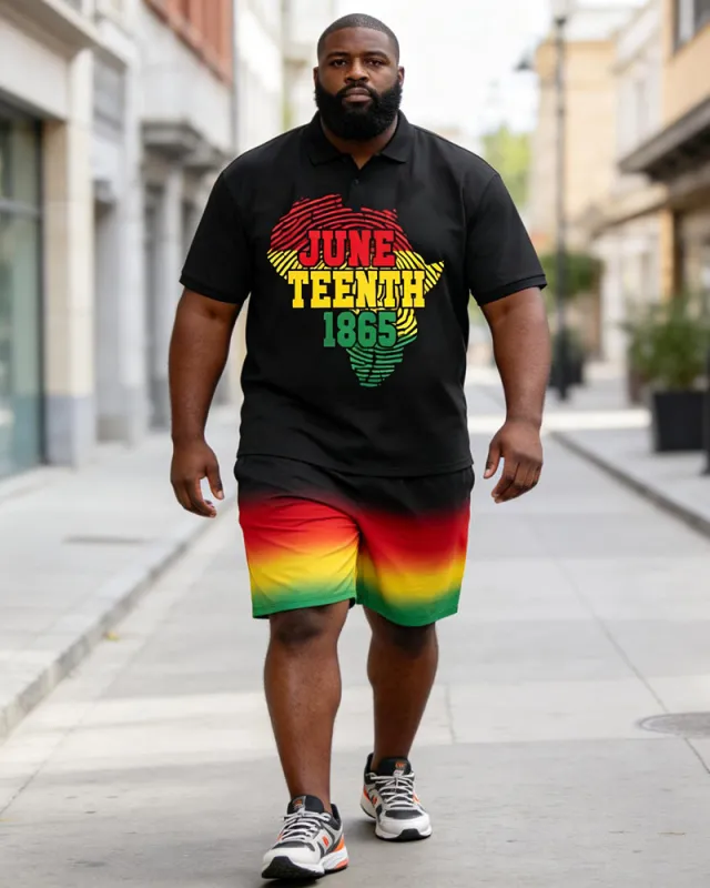 Big & Tall Men's Juneteenth Africa Map 1865 Print POLO Short Sleeve Shorts Set made by Biggmans