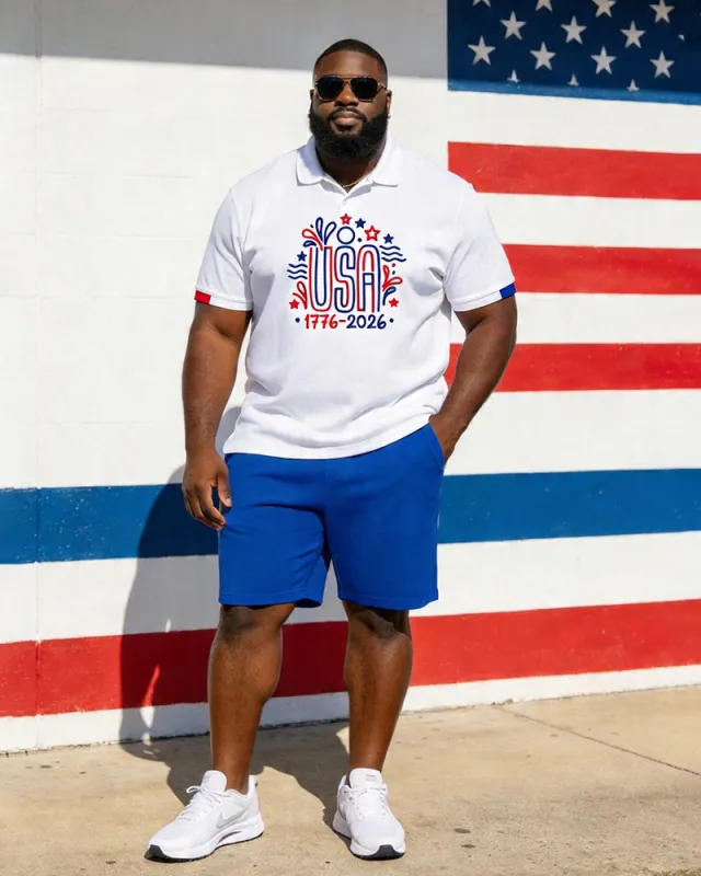 Big & Tall Men's USA 1776-2026 Printed POLO Short Sleeve Shorts Set made by Biggmans