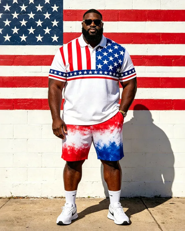 Big & Tall Men's American Flag Colorblock Printed POLO Short Sleeve Shorts Set made by Biggmans