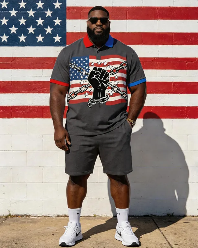 Big & Tall Men's American Flag Break Off Chain Fist Print POLO Short Sleeve Shorts Set made by Biggmans