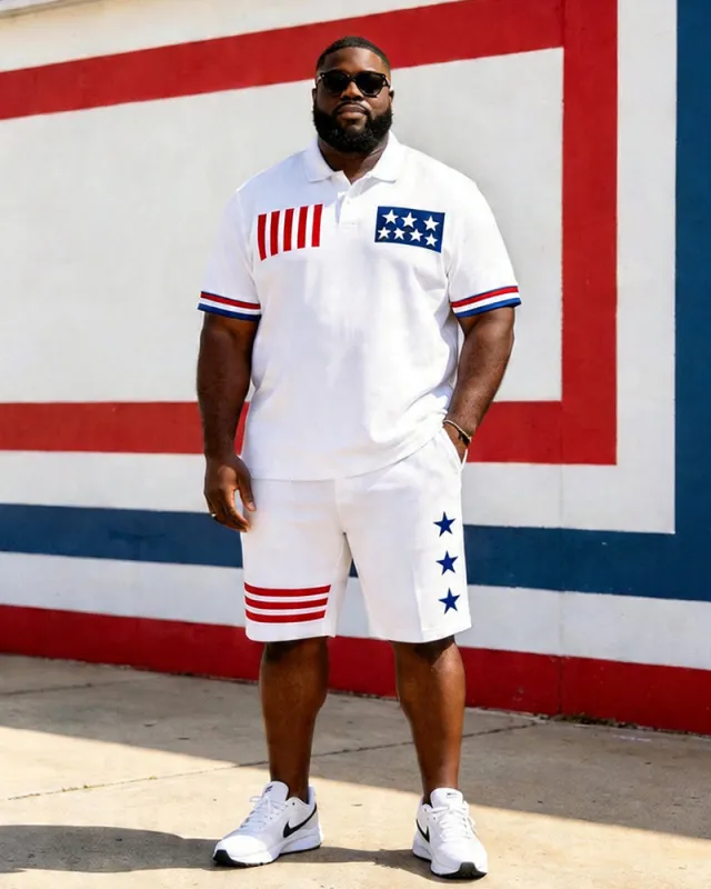 Big & Tall Men's American Flag Element Colorblock Print POLO Short Sleeve Shorts Set made by Biggmans