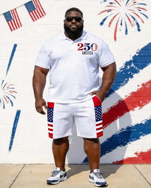 Big & Tall Men's 250 AMERICA Print POLO Short Sleeve Shorts Set made by Biggmans