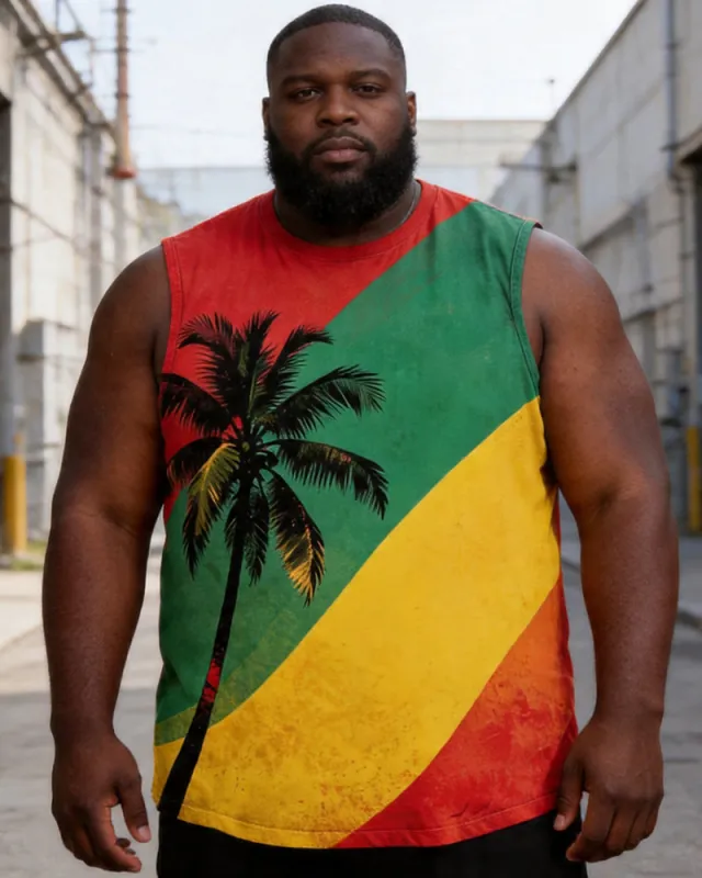 Big & Tall Men's Juneteenth Red Yellow Green Gradient Palm Tree Print Round Neck Sports Vest made by Biggmans