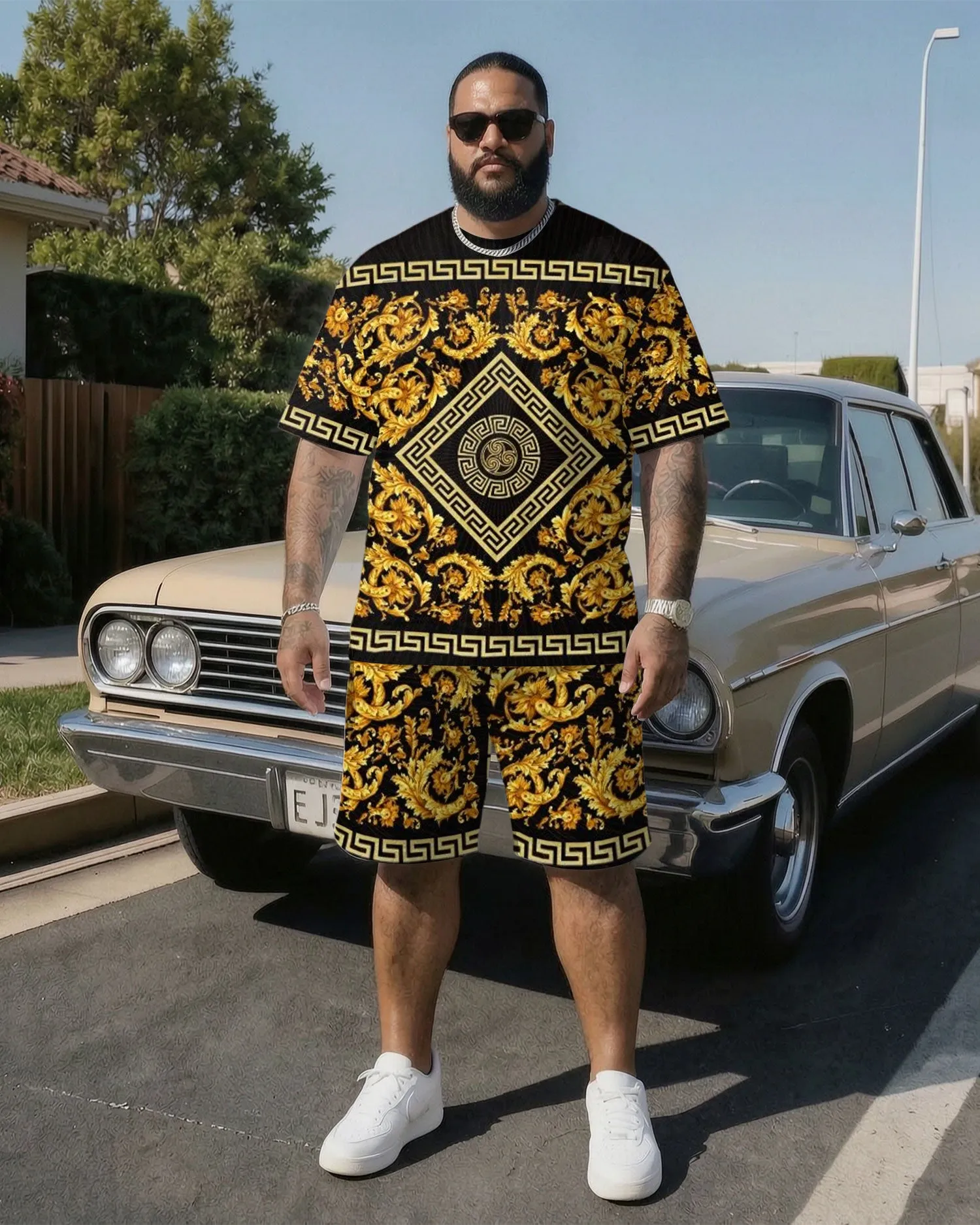 Big & Tall Men' Luxury Classic Baroque Print Short Sleeve T-Shirt Shorts Set sold by Biggmans