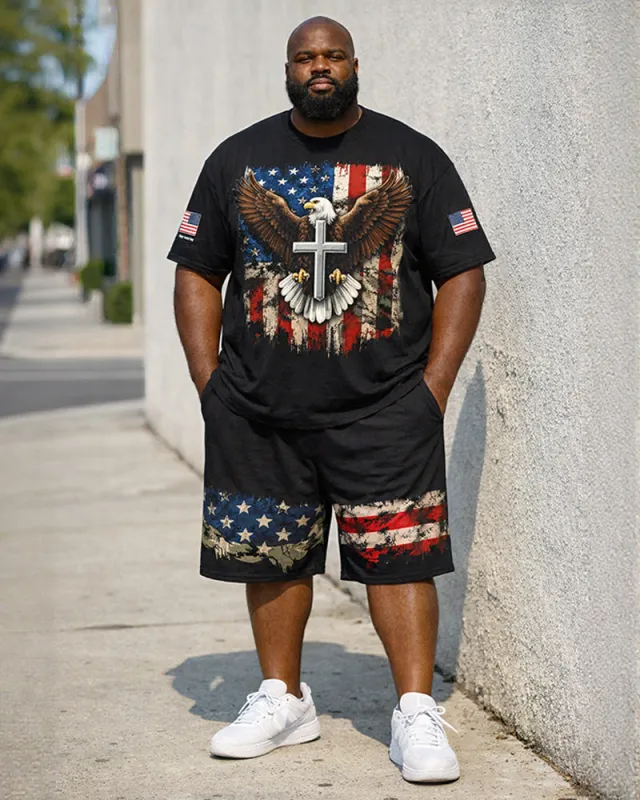 Big & Tall Men's American Flag Cross Eagle Print Crewneck Short Sleeve T-Shirt Shorts Set made by Biggmans